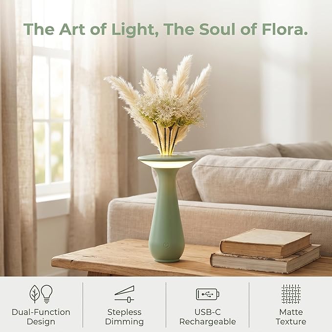 Flower Table Lamp,Rechargeable Coredless Table Lamp for Restaurant,Vase Lamp for Bedroom,Flower Lamp for Dining Table,Small Night Light,Gifts for Mom,Birthday Gifts for Women,Office,Home