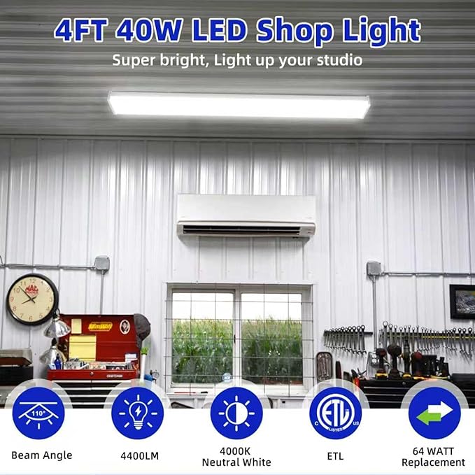 hykolity 4FT LED Wraparound Light, 40W, 4400lm, 4000K, [2-lamp 32W Fluorescent Equiv.], 4 Foot LED Wrap Light Fixture, Flush Mount Office Ceiling Light for Garage, Office, Kitchen, ETL Listed