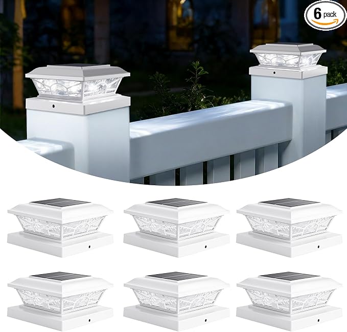 Brightever 4x4 3.5x3.5 Solar Post Cap Lights, 6-Pack Outdoor Solar Powered Fence Post Lights Fit Vinyl/Wood Posts, 2 Modes(Warm/Cool Light), Solar Waterproof Deck Post Lights for Garden, Patio, White