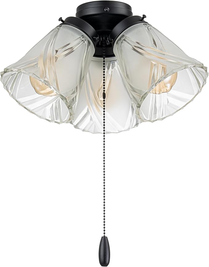 Aspen Creative 22012-3, Three-Light Ceiling Fan Light Kit with Pull Chain, Matte Black Finish with Frosted and Clear Glass Shades, 14" Diameter x 7-3/8" Height