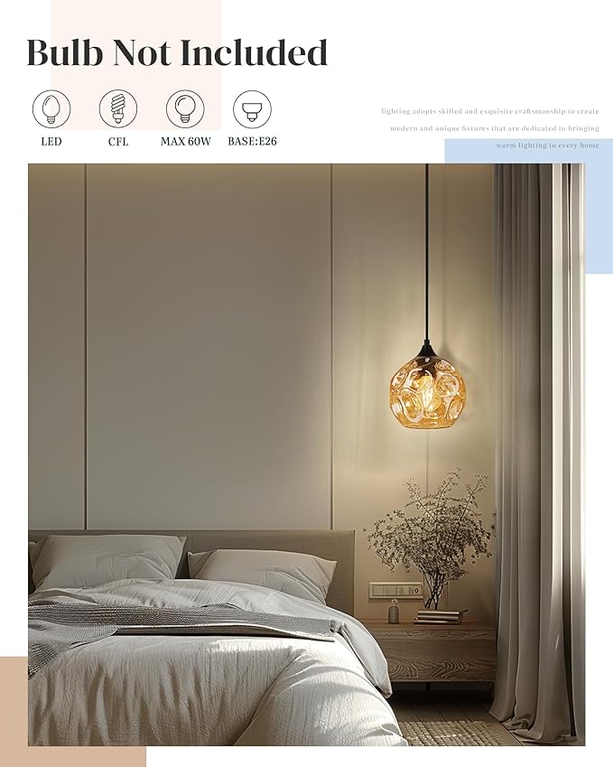 Emliviar 7 Inch Adjustable Mini Chandelier, Round Ceiling Pendant Lighting Fixture with Hammered Glass, Amber Finish, DYE287G2-MIL BK