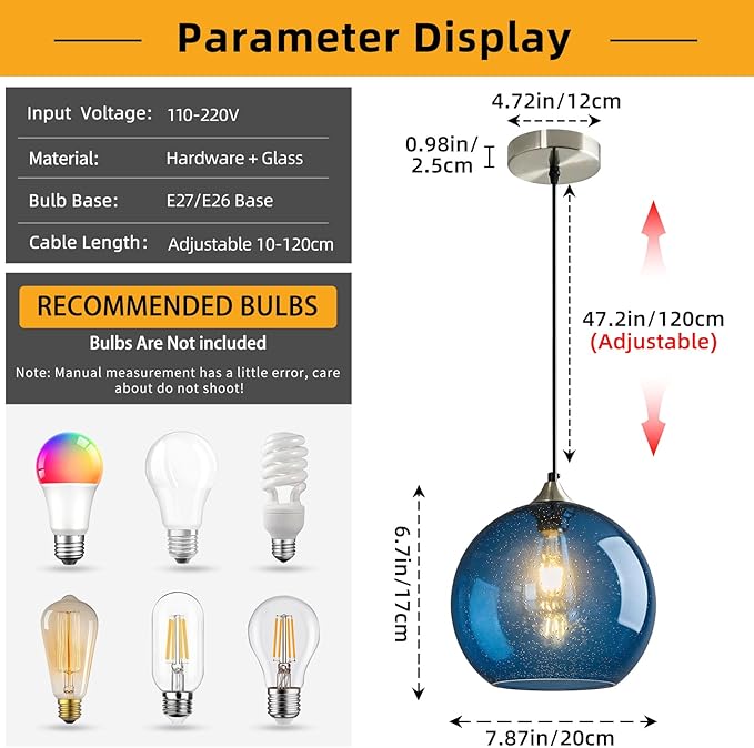 Modern 3-Pack Glass Globe Pendant Lights, Blue Modern Pendant Lighting for Kitchen Island, Clear Glass Hanging Lamps for Dining Room Living Room Bedroom, Medium 7.87 Inch Fixture (Bulbs Not Included)