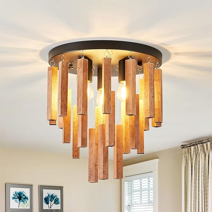 3-Light Semi Flush Mount Ceiling Lights Boho Wood Light Fixture Farmhouse Chandelier Oak and Black Ceiling Lighting with E26 for Kitchen Living Room Entryway Bedroom Dining Room