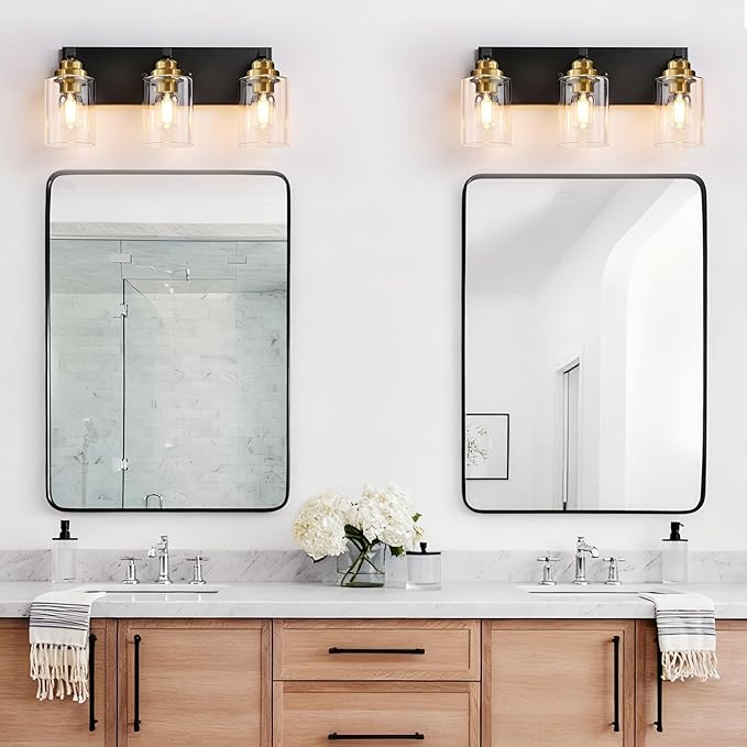 Black and Gold Bathroom Light Fixture, 3 Light Brushed Gold Vanity Light, 18.8" Modern Farmhouse Bathroom Lighting Fixtures Over Mirror, with Clear Glass Shade, Vanity Lights for Bedroom Hallway