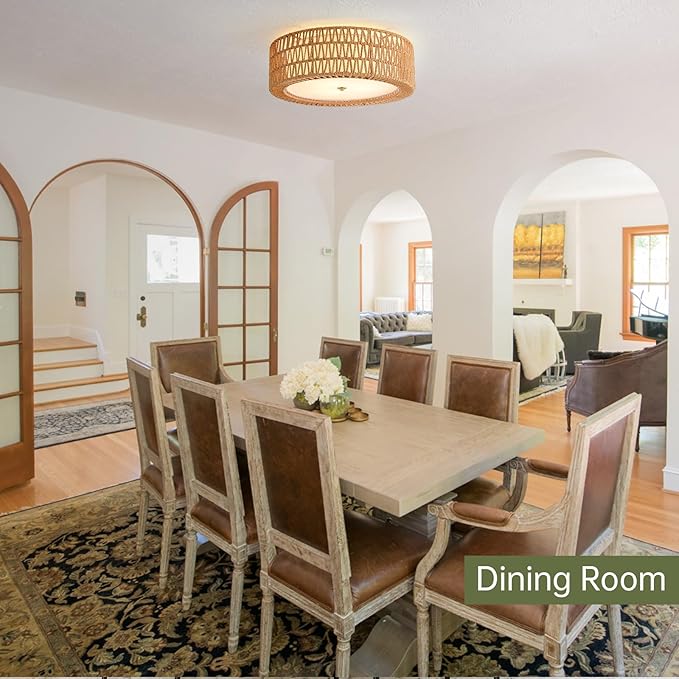 Modern Flush Mount Ceiling Light, 4-Light Boho Rattan Light Fixture Large Gold Ceiling Light Bedroom Light Fixtures for Living Room Dining Room Kitchen Foyer