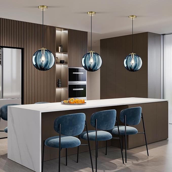 Modern Blue Glass Pendant Light, Kitchen Island Lighting 3-Pack Globe Pendant Light Fixtures Century Kitchen Island Pendant Lighting for Bedroom Living Dining Room Light Fixture (Without Bulb)