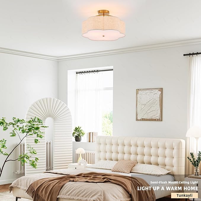 18" Semi Flush Mount Ceiling Light Modern 3-Lights Gold Drum Ceiling Light Fixture with Fabric Linen Shade, Vintage Ceiling Lighting for Living Room, Kitchen, Basement, Laundry Room, Bedroom