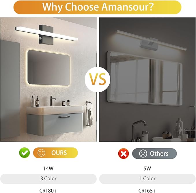 LED Bathroom Vanity Light, 14W Bathroom Mirror Light Fixtures, 3 Color Temperatures 24 Inch Black Wall Sconce for Makeup, Modern LED Bath Wall Lamp for Bathroom & Bedroom IP44