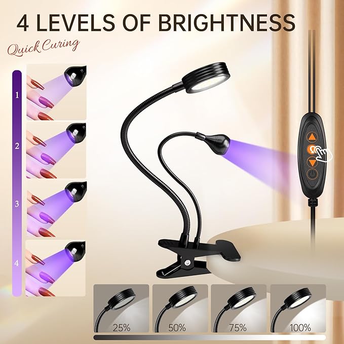AORAEM LED Nail Lamp Double-Headed U V LED Light Quicky-Dry Nail Manicure Dryer Curing Light with Portable Gooseneck and Clamp Flash Cure U V Light for Gel Nails Professional Home DIY Salon Black