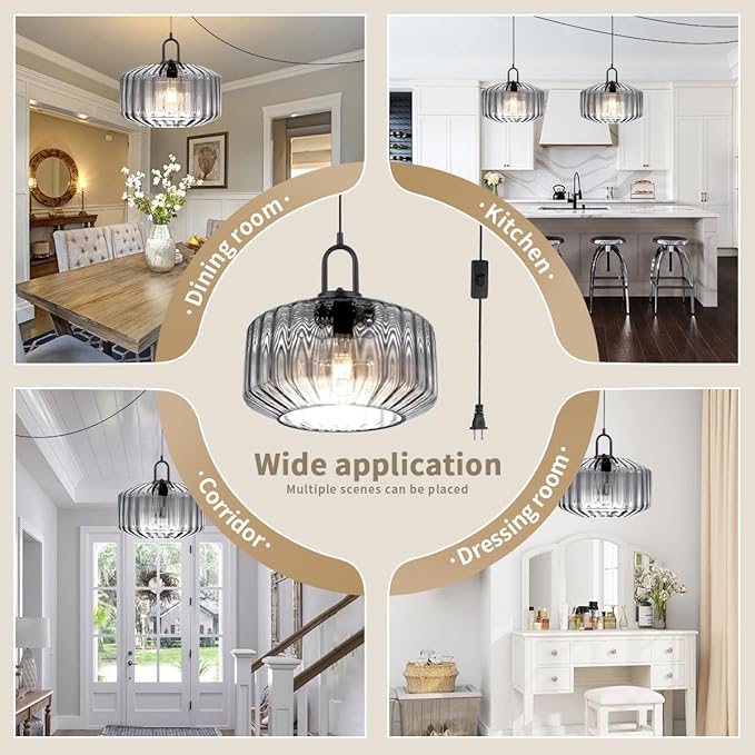 Plug in Hanging Light Gray Glass Pendant Light Fixtures with in Cord Mid Century Modern Chandelier Striped Glass Shade Farmhouse Plug in Hanging Lamp for Living Room Entryway Pantry