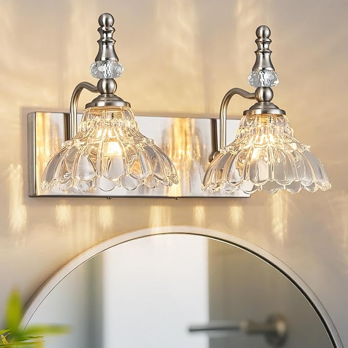 Vintage Bathroom Vanity Light, 2-Light Brushed Nickel Vanity Lighting Fixture with Flower Glass Shade, Bathroom Lighting Fixtures Over Mirror