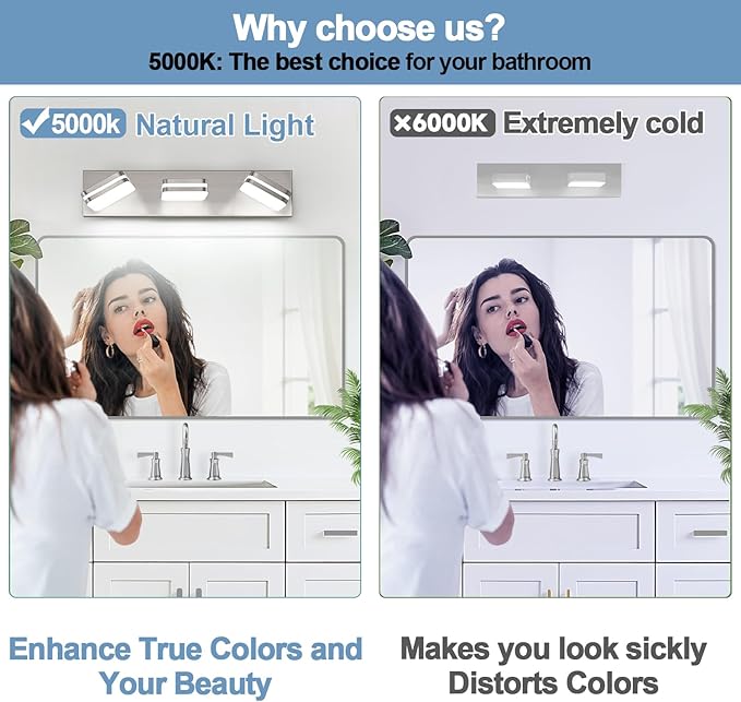 360° Rotate LED Bathroom Vanity Light Fixtures, 1300LM Acrylic Brushed Nickel Vanity Lights for Bathroom, Modern Wall Lighting Fixtures Over Mirror Kitchen Living Hallway (Natural White Light 5000K)