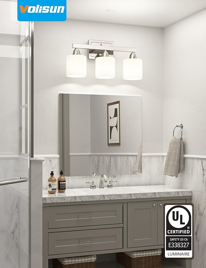 VOLISUN Brushed Nickel Bathroom Light Fixtures, 3-Light Bathroom Vanity Lights Over Mirror, Modern Vanity Light for Bathrooms, Bathrooms Lights Fixtures Over Mirror with Milky White Glass Shades