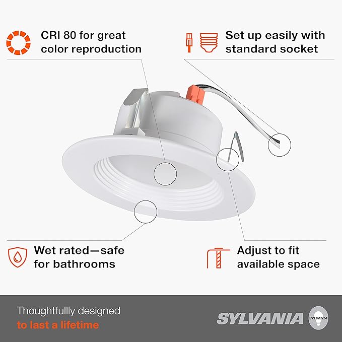 LEDVANCE Sylvania 4” LED Recessed Lighting Downlight with Trim, Dimmable, 7.5W=65W, 600 Lumens, White 3000K, Wet Rated/UL/Energy Star - 4 Pack (62022)