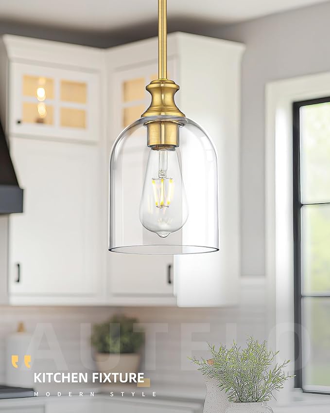 AUTELO 2-Pack Brushed Gold Pendant Lights Kitchen Island, Island Pendant Lights for Kitchen with Clear Cylinder Glass, Glass Pendant Lights with Adjustable Rods, H2511 CLBG 2PK