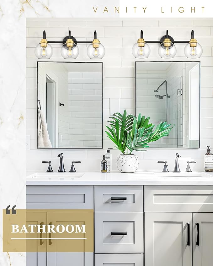 Bathroom Light Fixtures, 3-Light Black and Gold Vanity Lights with Globe Clear Glass, Modern Vanity Lighting Fixtures Over Mirror, AD-22280-3W-KG
