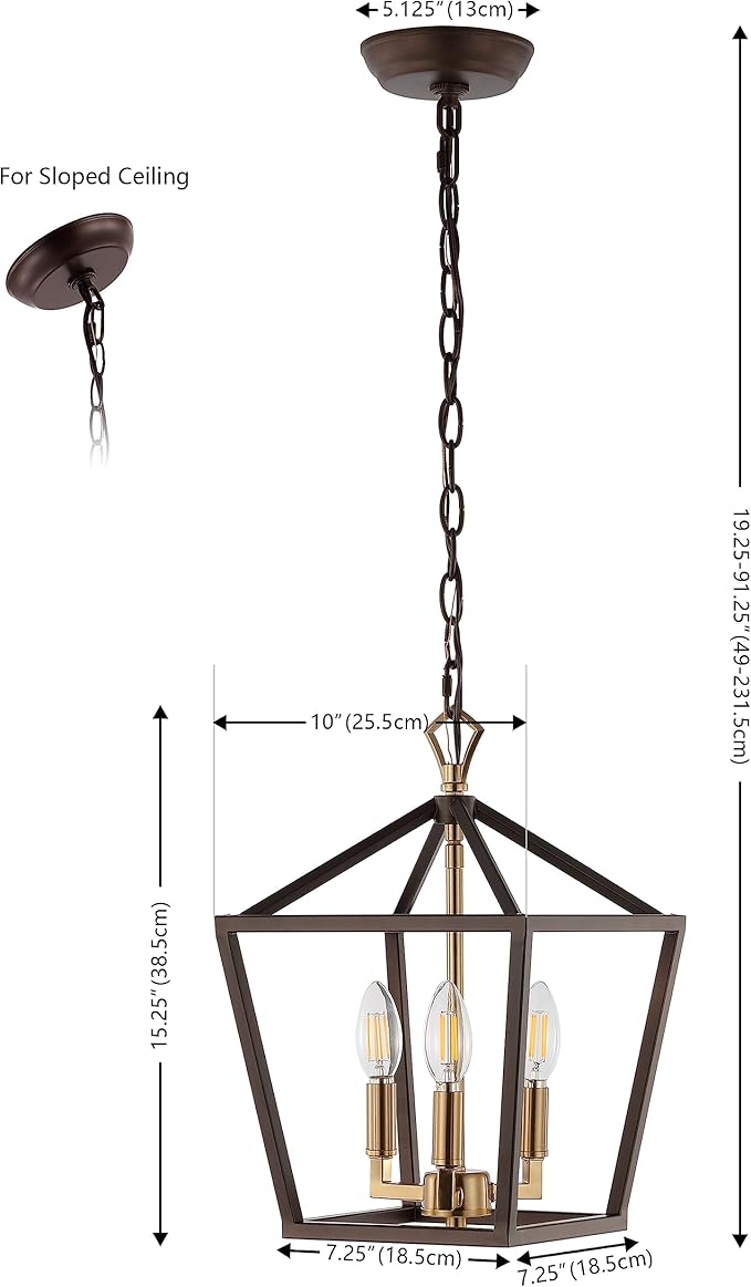 JONATHAN Y 10" Oil Rubbed Bronze/Brass Gold 3-Light Pagoda LED Pendant Lantern, Classic Modern Farmhouse Chandelier for Kitchen Island, Dining Room, Entry, Foyer, Rustic Iron Frame (JYL7601D)