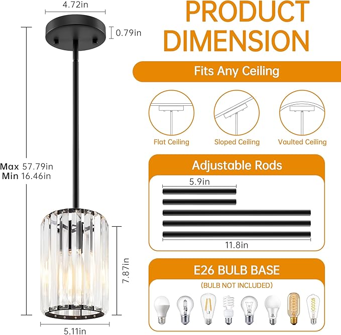 Black Pendant Light, Modern Crystal Pendant Lights Kitchen Island, Kitchen Island Lighting with Adjustable Height, UL Certified Island Lights for Kitchen Dining Room Bedroom Hallway 1 Pack