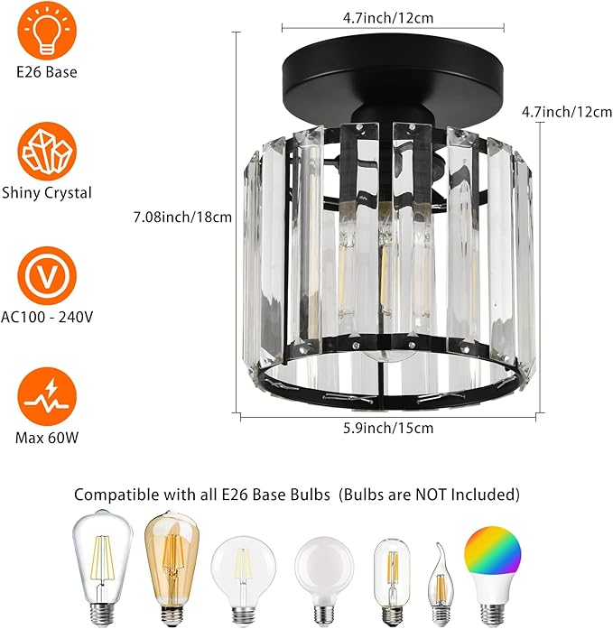 Semi Flush Mount Ceiling Light, Crystal Ceiling Light Black Crystal Chandelier for Kitchen Hallway Entrance Balcony Dining Rooms Living Rooms