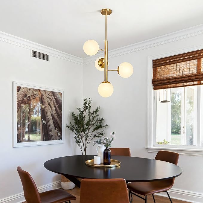 Modern Sputnik Chandelier Ceiling Light Fixture, 4-Light Semi Flush Mount Gold Chandelier with Globe Milky Frosted Glass Shade Adjustable Dining Room Sputnik Ceiling Light for Kitchen, Hallway