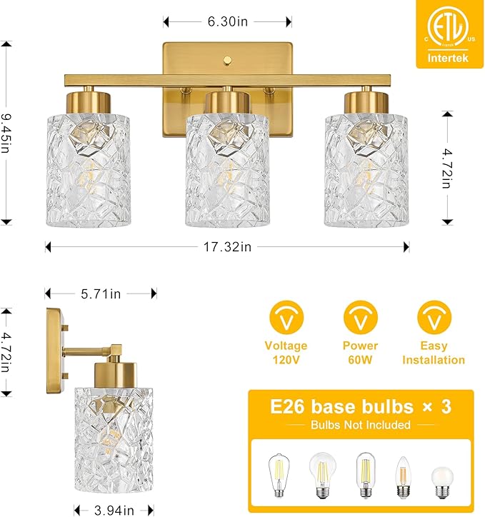 Brushed Gold Bathroom Light Fixtures, 3-Light Modern Bathroom Vanity Wall Light, Vanity Lights for Mirror, Wall Sconces with Clear Textured Glass (E26 Socket, Bulbs Not Included)