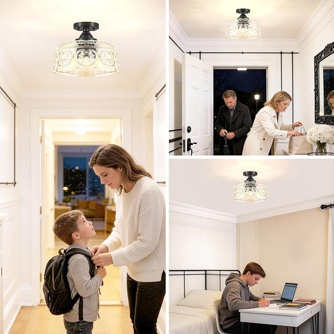 11.4In Vintage Black Semi Flush Mount Ceiling Light Fixture, 3-Light Hallway Light Fixture with Thickened Glass, Close to Ceiling Light for Kitchen, Entryway, Foyer, E12