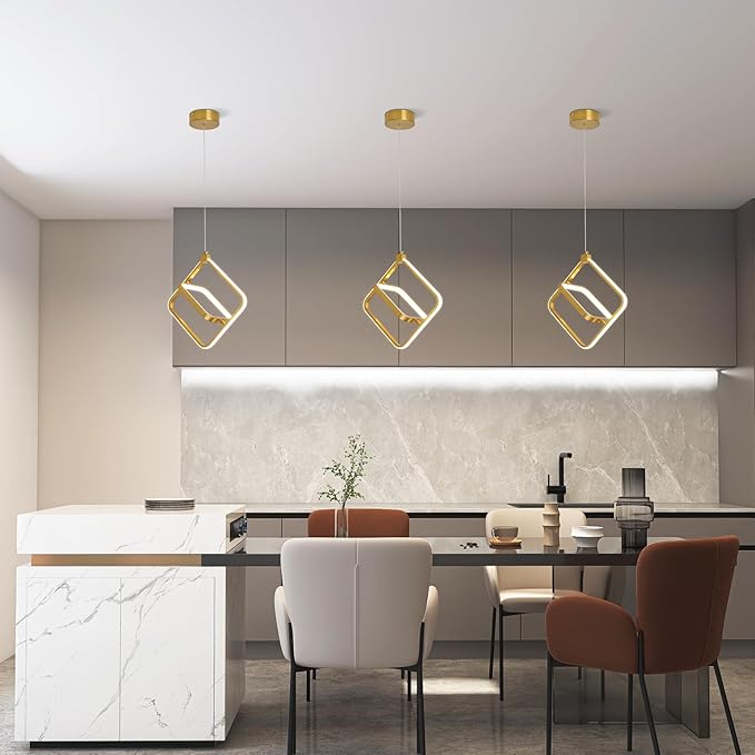 Modern LED Chandelier Gold Rectangular Pendant Light Fixtures 4000K 20W Dimmable Height Adjustable Pendant Lighting for Dining Room Kitchen Island Bedroom Living Room Foyer（2-Pack）