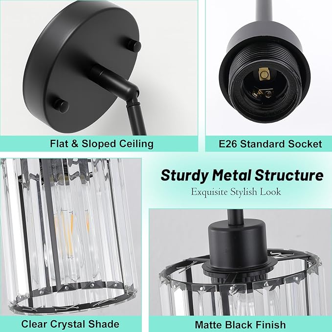 1 Pack Black Pendant Light, Modern Kitchen Island Lighting with Clear Crystal Shade, Adjustable Height Rods Hanging Light Fixtures, Mini Ceiling Pendant Lights for Sink Dining Table Hallway