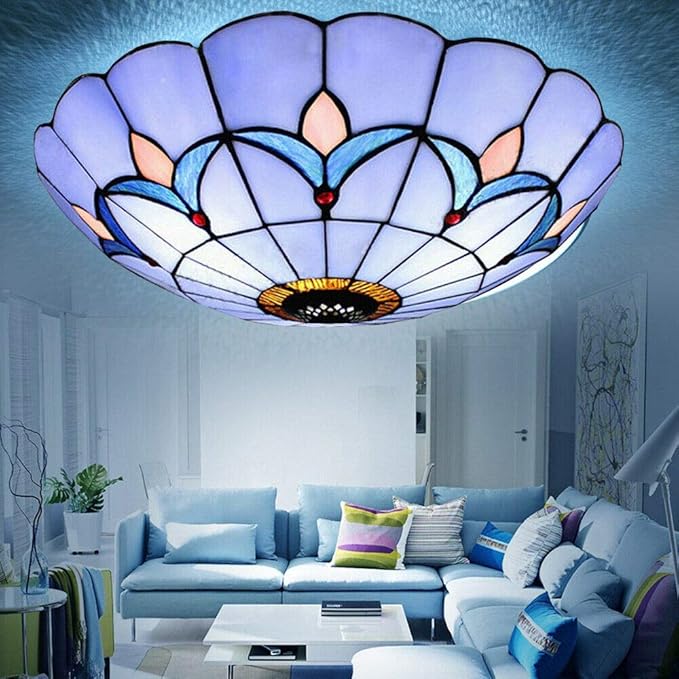 LOYALHEARTDY 12" Tiffany Flush Mount Ceiling Light, Antique Handcrafted Stained Glass Lampshade LED Ceiling Light Chandelier Fixture, Hanging Lamp for Bedroom Living Room E27 Bulb