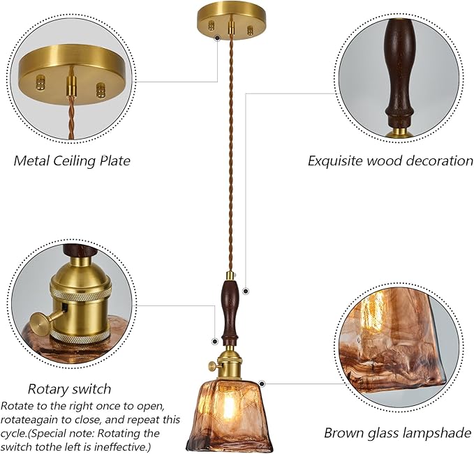 Amber Glass Vintage Pendant Light Height Adjustable Handmade Glass Pendant Lights Kitchen Island Gold Hanging Light Fixture with Wood Handle for Bedroom Dining Room Hotel (3 Pack)