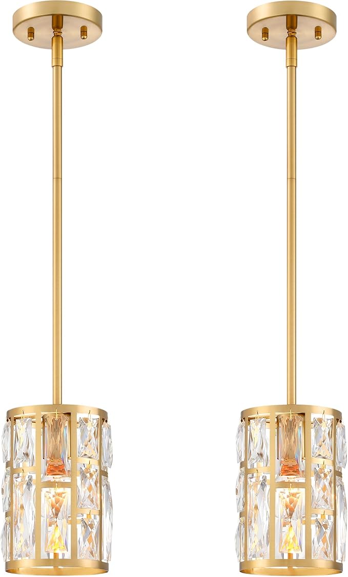 MEXO Modern Crystal Pendant Light Fixture 2-Pack Gold Finish Hanging Lighting Crystal Chandelier for Kitchen Island