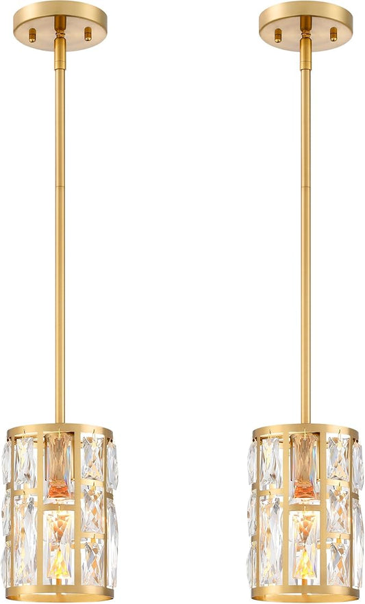 MEXO Modern Crystal Pendant Light Fixture 2-Pack Gold Finish Hanging Lighting Crystal Chandelier for Kitchen Island