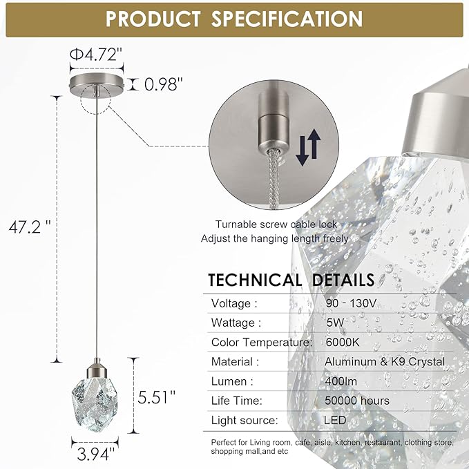 Modern Nickel Crystal Pendant Light, Dimmable LED Pendant Light Fixture for Kitchen Island Dining Room Bedroom Bathroom 5W Cool White 6000k