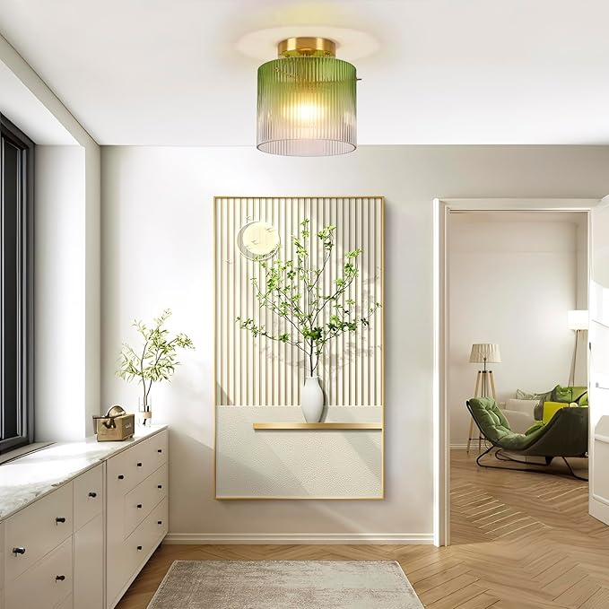 Modern Semi Flush Mount Ceiling Light, Vintage Gradient Green Glass Ceiling Light Fixture, for Closet Dining Room Kitchen Bedroom Entryway Hallway Hanging Lamp