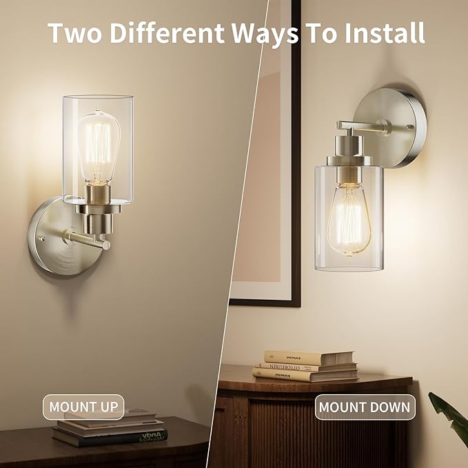 BUTHY Bathroom Wall Sconces Set of Two: Brushed Nickel Vanity Light Fixtures with E26 Base LED Cordless Indoor Wall Mount Lamp for Mirror Bedroom Hallway Stairway Modern Decor Lighting