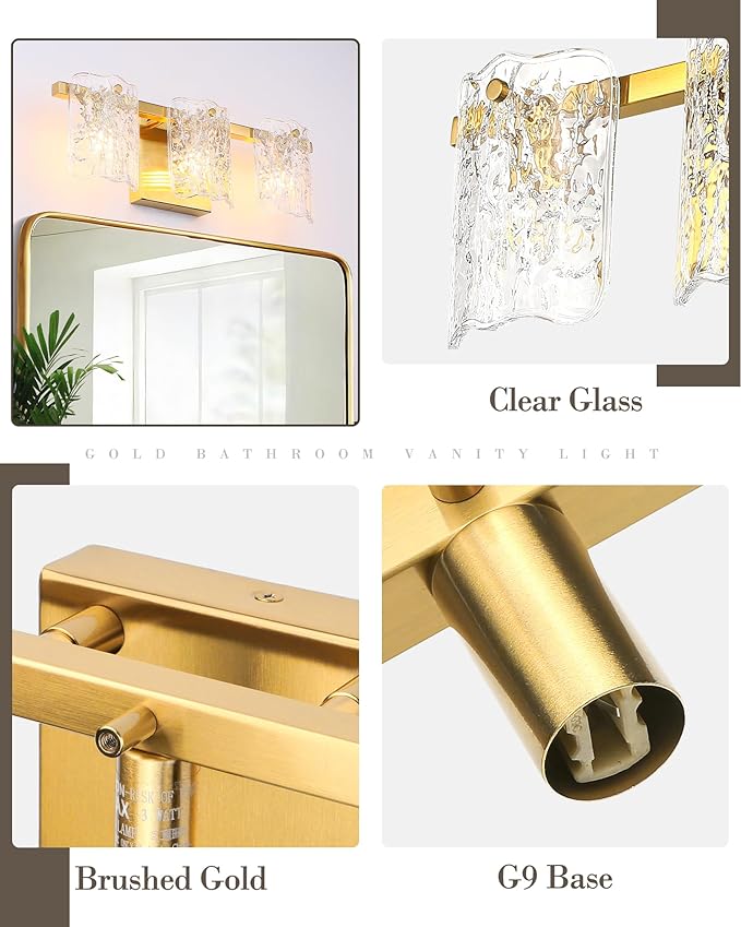 3-Light Bathroom Vanity Light, Brushed Gold Bathroom Light Fixture Over Mirror with Clear Glass, Modern Bath Wall Sconce Lighting for Bath Restroom, OS-MM5002-3BG