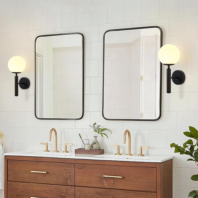 KCO Lighting Black Mid Century Modern Wall Sconce Vintage White Milk Glass Wall Sconce Globe Wall Light Bathroom Wall Light Fixture Bedroom Wall Lighting