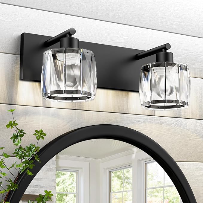 VOLISUN Crystal Vanity Lights for Bathrooms, 2 Light Bathroom Vanity Light, Modern Matte Black Bathroom Light Over Mirror, Black Bathrooms Lights Fixtures-UL Certificated(Exclude Bulb)