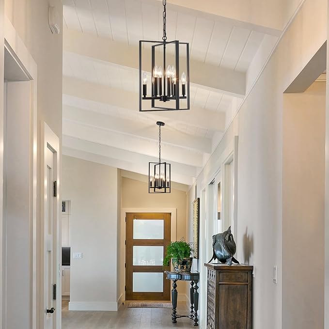 12.79" Black Chandelier 8-Light Modern Farmhouse Chandeliers for Dining Room Light Fixture Rustic Adjustable Pendant Light Fixtures Vintage Chandelier for Foyer Kitchen Entryway Living Room E12