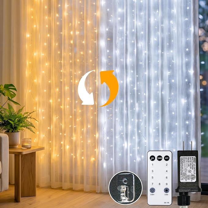 suddus Curtain Lights Outdoor, 450 LED Curtain Lights for Bedroom, Window, Wall, Wedding, Party,Warm White & White