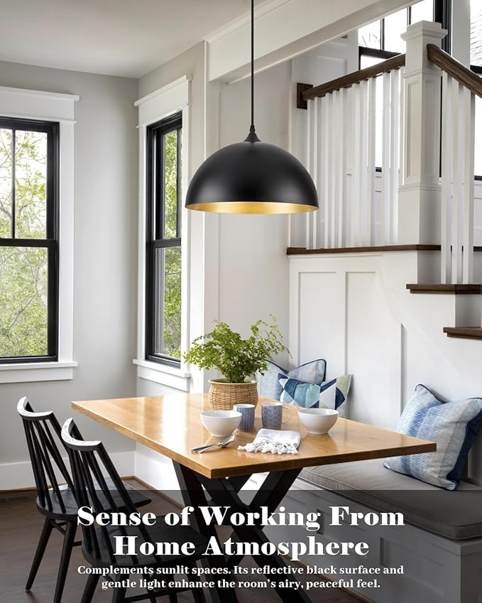 Black Pendant Lights Kitchen Island 3 Pack, 14 Inch Large Dome Pendant Light, Black and Gold Farmhouse Industrial Pendant Light, Island Pendant Lights for Kitchen, Dining Room