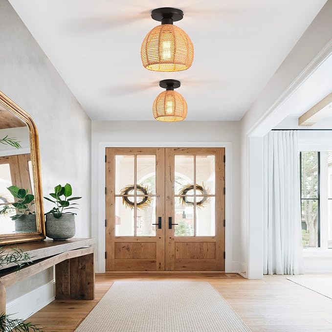 Hand-Woven Rattan Flush Mount Ceiling Light,Farmhouse Light Fixtures Ceiling Mount Boho for Hallway Bedroom Kitchen Entryway Living Room
