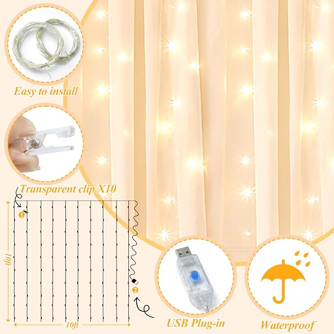 Ledido 10×10ft Champagne Tulle Backdrop Curtain with Light String - 300LED Fairy Light Sheer Curtain Backdrop for Wedding Baby Shower Photo Shoot Birthday Party Decor(2 Panels 5×10ft)，Champagne
