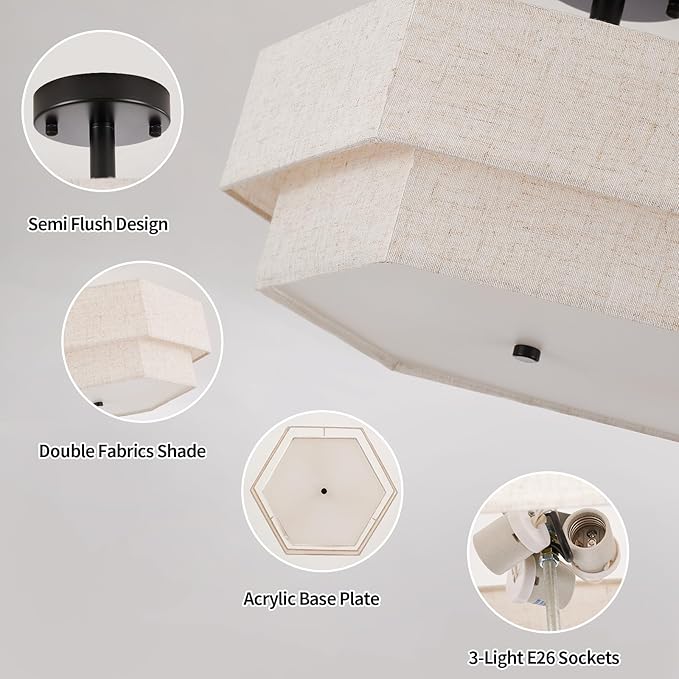 SGLfarmty 17.7" Drum Flush Mount Ceiling Light, 3-Light Large Drum Black Cream Ceiling Light with 2-Tier Hexagon Fabric Linen, Farmhouse Chandelier for Bedroom