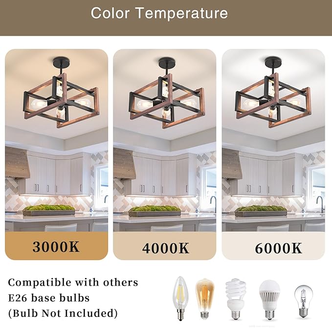 HuisMier 4-Light Farmhouse Ceiling Light Fixtures, Rustic Wood and Metal Semi Flush Mount Ceiling Light Black Industrial Chandelier for Dining Room Hallway Kitchen Entryway Bedroom Living Room
