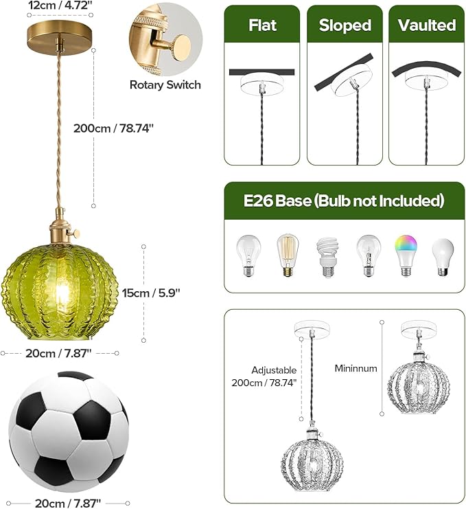 Green Glass Pendant Light Vintage Large Gold Globe Fixtures Mid Century Modern Pendant Lights Hanging Light Fixture Suitable for Kitchen Island Dining Room Foyer Above Sink Bathroom Bedroom