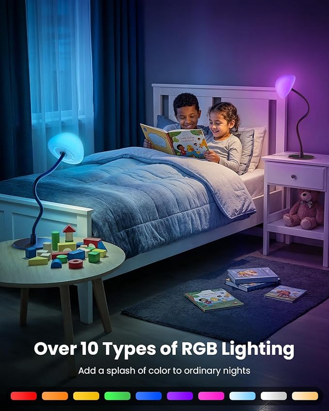 RGB Bedside Table Lamp with 3 Color Temperatures, Stepless Dimmable Desk Lamp 5%-100%, Flexible Gooseneck LED Night Light, 4 Power Supply Options for Bedroom Living Room Office Gift
