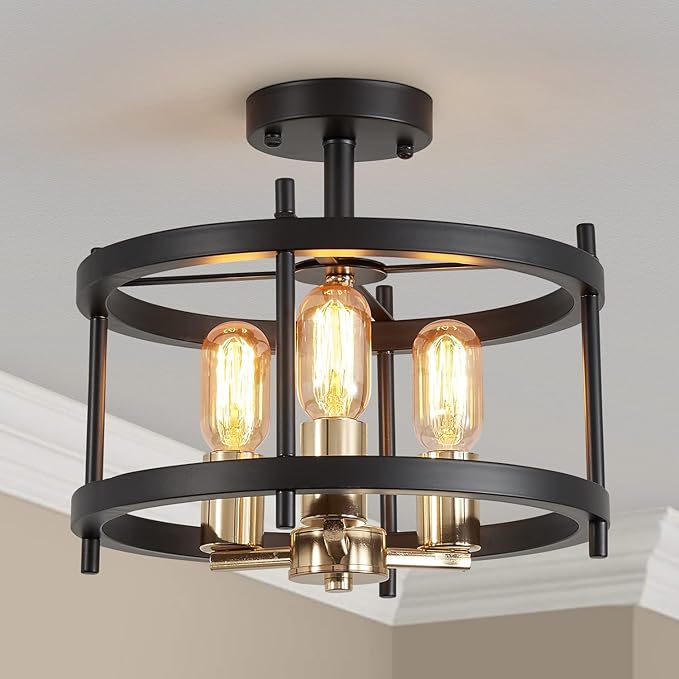AGV LIGHTING Semi Flush Mount Ceiling Light Fixture, 3-Light Farmhouse Light Fixture Ceiling Mount, Black & Gold Finish