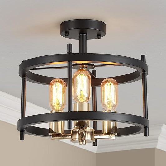 AGV LIGHTING Semi Flush Mount Ceiling Light Fixture, 3-Light Farmhouse Light Fixture Ceiling Mount, Black & Gold Finish