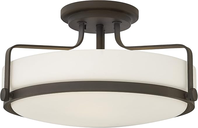 Hinkley Harper 3643OZ Large Semi-Flush Ceiling Light, Sleek, Retro Style, Oil Rubbed Bronze and Etched Opal Glass
